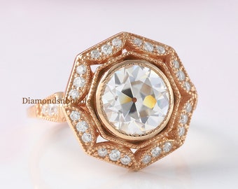 Vintage Engagement Ring For Women, Art Deco Style Ring, Art Deco Antique Ring, Estate Ring, Bezel Set OEC Round Moissanite Milgrain Ring
