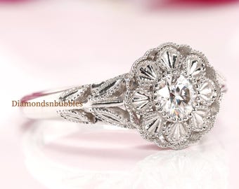 Floral-Inspired Open Work Ring, Milgrain-Set Engagement Ring, Edwardian Ring, Victorian Ring, Art Deco Ring, Round Moissanite Wedding Ring