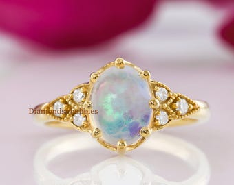 Unique Opal Engagement Ring, Milgrain Ring, Vintage Art Deco Ring, Seven Stone Semi Precious Opal Gemstone Ring, October Birthstone Ring