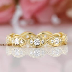 Full Eternity Band, Art Deco Vintage Style Moissanite Wedding Band, Infinity Band, Round Moissanite Milgrain Band, Bezel Set Milgrain Band