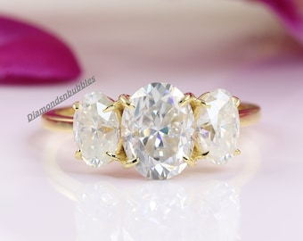 Three Stone Ring, Oval Cut Diamond Three Stone Engagement Wedding Ring, Oval Cut Ring, Anniversary Gift Ring, 14K Solid Yellow Gold Ring