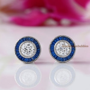 Vintage Art Deco Earrings, Floral Halo Earrings, Blue Sapphire Halo Earrings, Antique Earrings, Unique Studs For Women, Gold Over Earrings