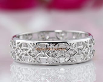 Vintage Style Filigree Band, Milgrain Band, Vintage Art Deco Engagement Ring, Art Deco Stacking Ring, 14K Gold Round Moissanite Wedding Band