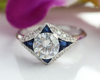 Vintage Engagement Ring For Women / Art Deco Style ring / Moissanite Ring / Sterling Silver / 1.5 CT Round Moissanite Engagement Ring