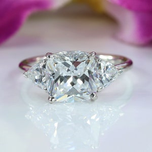 3.00 CT Cushion Cut Diamond Ring, Three Stone Engagement Ring, Trillion Cut Ring, Wedding Ring, Anniversary Gift Ring, 14K Solid Gold Ring