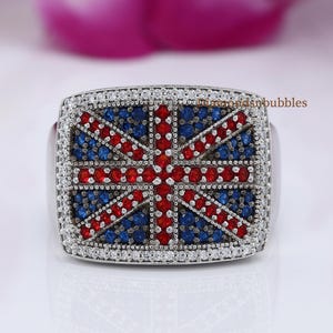 Union Jack Flag Ring for Men, British Flag Signet Ring, Ruby & Blue Sapphire Diamond Ring, British Patriotic Ring, 925 Silver Gift for Him