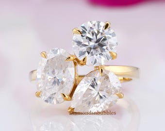 Three Stone Engagement Ring, Multi Stone Ring, Oval, Pear & Round Cut Ring 14K Yellow Gold Trilogy Moissanite Ring, Past Present Future Ring