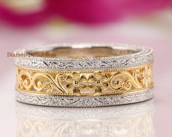 Art Deco Style Filigree Band, Floral Vintage Filigree Band, Full Eternity Band, Milgrain Band, Stackable Two Tone 925 Silver Engagement Band