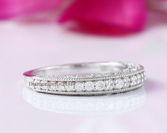 Vintage Art-Deco-Stil Band, Milgrain Diamant Ehering, Runde Diamant Band, halbe Eternity Band, Hochzeit Brautring, 14K Weißgold Band