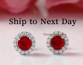 Red Ruby Halo Earring, Solitaire Stud, Round Halo Sapphire Earring, Halo Stud Earring, Push Back Earring, Minimalist Earring 925 Silver Gift
