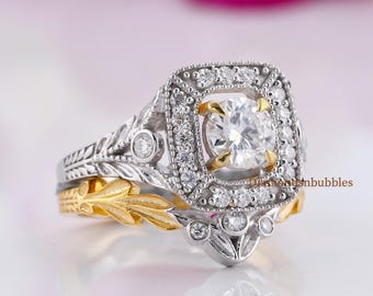 1920s Vintage Art Deco Bridal Two Tone Ring Set, Milgrain Set Filigree Halo Ring, Nature-Inspired Ring Set Round Moissanite Engagement Ring