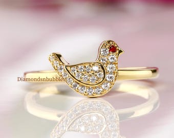 Tiny Pigeon Ring, Pigeon Eye Ruby Diamond Ring, Bird Ring, Nature-Inspired Animal Earrings, Round Cut Moissanite Engagement Ring For Her