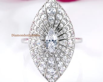 Vintage Art Deco Ring, Micro Pave Milgrain Ring, Marquise Shape Moissanite Ring, Bella Celebrity Engagement Ring, Dome Style Antique Ring