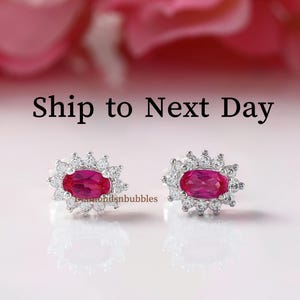 Oval Pink Ruby Simulated Diamond Stud Earrings, Oval Cluster Studs, Minimalist Everyday Jewelry Gift for Women, Dainty Birthstone Jewelry