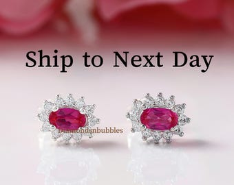 Minimalist Studs, East to West Oval Halo Sapphire Earring, Pink Ruby Studs Earring Push Back Earring 925 Silver Oval & Round Diamond Earring