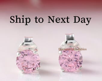 Pink Gemstone Solitaire Stud Earring, Classic Round 4 Prong Set Earring, Minimalist April Birthstone Gift, 925 Silver Stud Push Back Earring