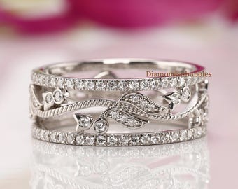 Vintage Style Filigree Band, Milgrain Band, Nature Leaf Inspired Wedding Band, Art Deco Stacking Ring 14K Gold Round Moissanite Wedding Band
