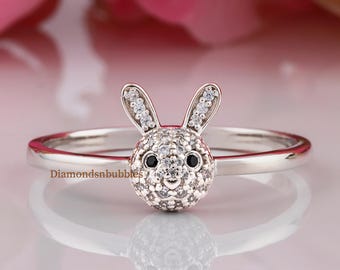 Minimalist Bunny Rabbit Ring, Animal Inspire Ring, Rabbit Face Diamond Ring, Bunny Gift Lucky Rabbit Ring, Round Cut Moissanite Wedding Ring