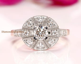 Vintage Engagement Ring For Women / Art Deco Style ring / Art Deco Antique Ring / Estate ring / Milgrain Halo Set Silver Ring/ Two-Tone Ring