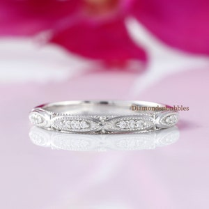 Antique Wedding Band, Milgrain Eternity Band, Art Deco Stacking Wedding Ring, 14K White Gold Milgrain Matching Band, Anniversary Gift Ring