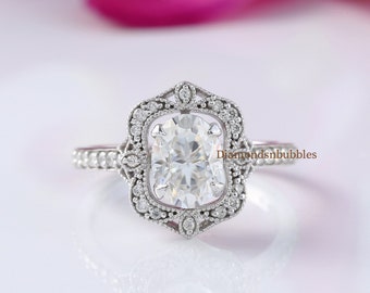 Vintage Art Deco Ring, Milgrain Vintage Engagement Ring, 14K White Gold Antique Vintage Art Deco Oval Cut Moissanite Wedding Rings