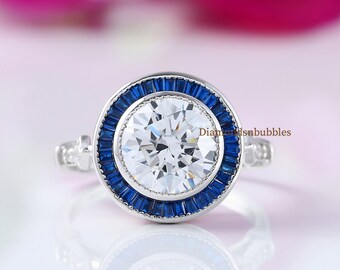 Vintage Art Deco Antique Style Round Diamond & Sapphire Accents Ring, Halo Ring, Vintage Milgrain Bezel Set Engagement Ring, Wedding Ring