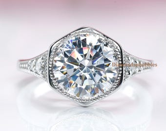 Hexagon Shape Art-deco Ring, Bezel Set Milgrain Ring, Five Stone Flair Shank Ring, Round Cut Diamond Moissanite Engagement Ring, 14K Gold