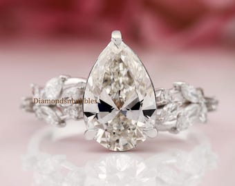 Nature-Inspired Engagement Ring, 2 Ct Pear Cut Moissanite Wedding Ring, Cluster Ring, Marquise & Round Diamond Ring, Anniversary Gift