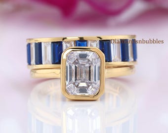 Simulated Diamond Bridal Set, Emerald Cut Engagement Ring with Blue Baguette Half Eternity Stacking Band, Art Deco Vintage Bridal Jewelry