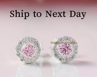 Minimalist Pink Gemstone Earrings, Tiny 925 Silver Stud Earrings Dainty Earrings Round Pink Halo Diamond Studs Push Back Daily Wear Earrings