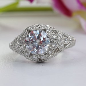 Moissanite Vintage Ring, 2 CT Round Cut Moissanite Diamond Engagement Wedding Ring, Vintage Ring, Antique Edwardian Ring, Art Deco Halo Ring