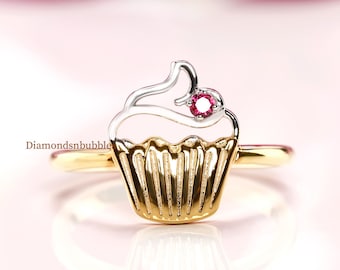 Minimalist Cupcake Ring, Baker Ring, Cupcake Gift, Pink Gemstone Ring, Round Cut Diamond Engagement Ring, Birthday Gift, Two Tone 925 Silver