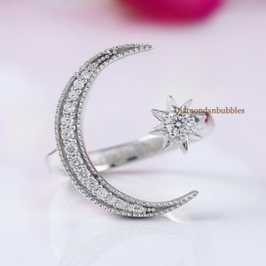 Diamond Crescent Moon And Star Adjustable Open Ring in Sterling Silver, Moon And Star Ring, Crescent Moon Ring, Gift For Her