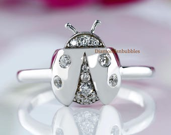 Ladybug Insect-Inspired Ring, Minimalist Ring, Cute Bug Flush Setting Cocktail Party Ring, Round Cut Moissanite Engagement Ring, 14K Gold