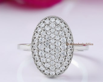 Oval Moissanite Cluster Engagement Ring, Bella Ring, Oval Pave Moissanite Cluster Ring, 14K Solid Gold Colorless Round Cut Moissanite Ring