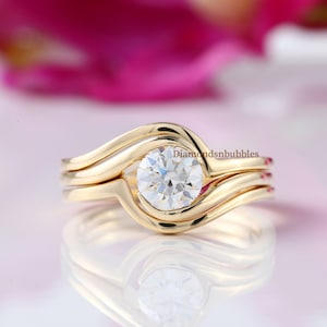 Bridal Ring Set, Swirl Bypass Ring, Tension Ring Set, 1.00 CT Round Cut Moissanite Diamond Wedding Ring Set, Solitaire Band, 14K White Gold