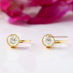 Solitaire Art Deco Vintage Earring, Drop-Dangle Lever Back Earring, Old European Round Moissanite Bezel Set Milgrain 14K Solid Gold Earring