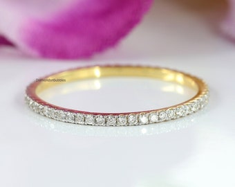 Alianza de boda de eternidad completa con micro pavé de moissanita, anillo de eternidad completa, delicado anillo pavé, alianza de diamantes, oro amarillo macizo de 10K, 14K y 18K