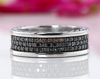 Three Row Black Diamond Iced Out Men's Wedding Band, Full Eternity Hip Hop Band Micro Pave Set Men's Band Wide Moissanite Band, Gift For Him