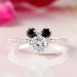 Minimalist Mickey Mouse Ring, Mouse Black Ears Fairy Tale Ring, Round Cut Moissanite Engagement Ring, Three Stone Solitaire With Accent Ring