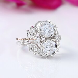Estate Vintage Art Deco Style Ring, Two Stone Engagement Ring, Antique Art Deco Ring, Filigree Ring, Round Cut Moissanite Ring, 14K Gold