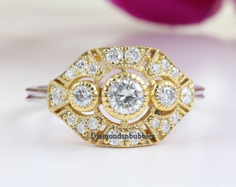 Vintage Engagement Ring For Women / Art Deco Style ring / Art Deco Antique Ring / Estate ring / Bezel Set Silver Ring / Two-Tone Ring