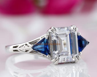 Vintage Style Three Stone Ring, Emerald Cut Three Stone Ring, Trillion Blue Sapphire Cut Diamond Engagement Ring, Art Deco Ring Wedding Ring