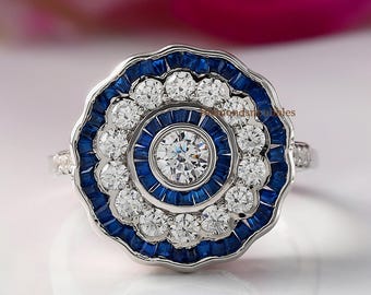 Vintage Style Art Deco Ring, Sapphire Double Halo Engagement Ring For Women, Round Diamond & Baguette Diamond Ring, 14K Gold Bezel Set Ring