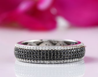 Black And White Pave Set Diamond Band, Black Diamond Full Eternity Wedding Band, Eternity Band Ring For Women, Round Cut Moissanite Band