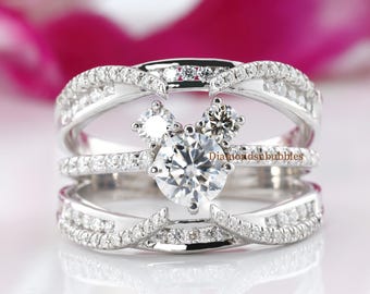 Enhancer Trio Bridal Ring, Mouse Ears Fairy Tale Enhancer Wrap Engagement Band, Wrap Guard Band, Anniversary Spacer Mouse Three Stone  Ring