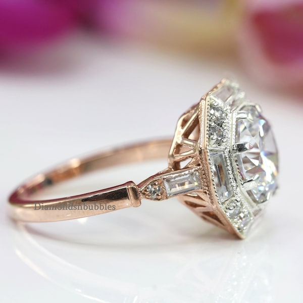 Anillo de compromiso vintage para mujer / Anillo estilo Art Déco / Anillo antiguo Art Déco / Anillo de época / Anillo de plata con engaste biselado / Anillo bicolor