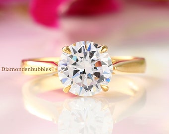 Solitaire Delicate Ring, Minimalist Daily Wear Ring, 2.00 Carat Round Moissanite Diamond Engagement Ring, 10K/14K/18K Solid Yellow Gold Ring