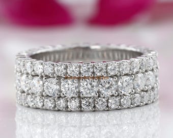 Three Row Wedding Band, Full Eternity Engagement Band, Pave Set Diamond Band, Round Cut Moissanite Diamond Band, 14K White Gold Wide Band