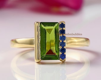 Peridot Bar Setting Ring, Solitaire Ring, Multi Stone Shape Ring, Baguette & Round Diamond Seven Stone Ring, Birthstone Engagement Ring